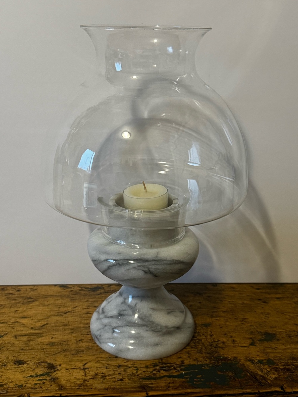Glass and Marble Candle Hurricane Lamp - White and Grey Marble